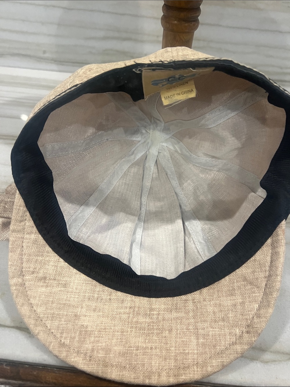 Beige Linen Newsboy Cap with dark brown Trim and Bow - Picture 6 of 7